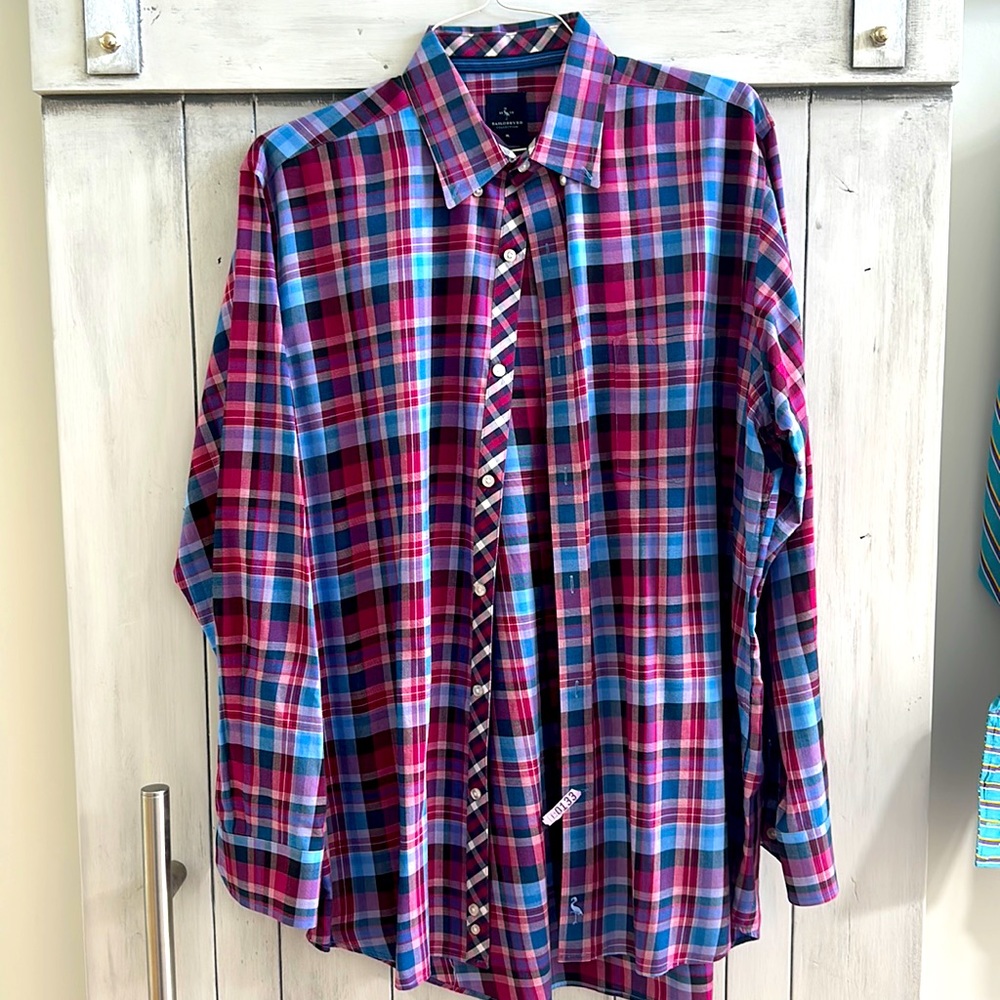 Tailorbyrd button down in blue/burgundy plaid with contrasting collar /placket